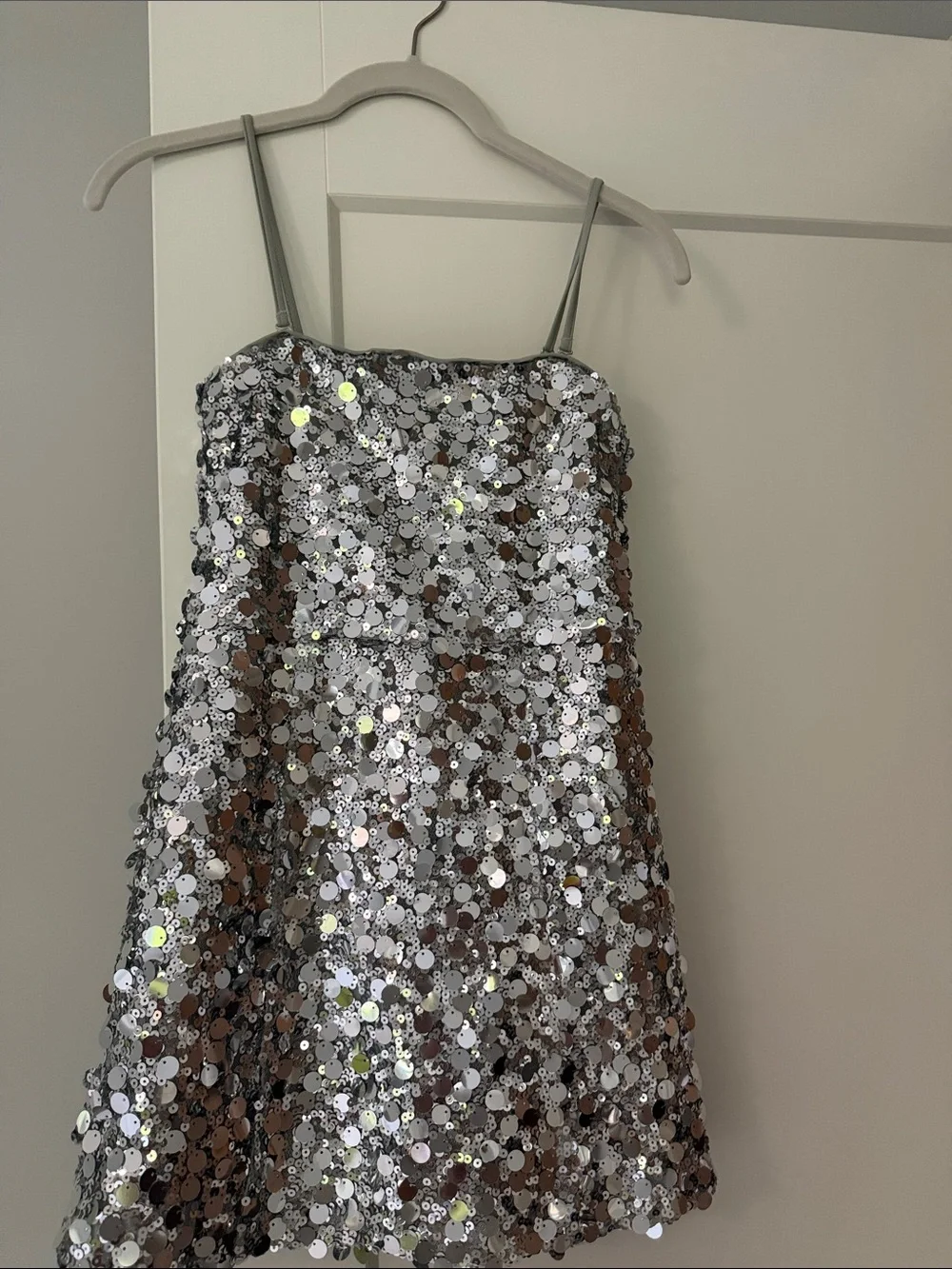 Katie J NYC Silver Sequin Spaghetti-Strap A-Line Dress